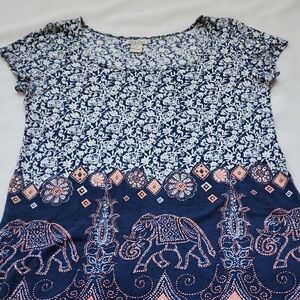 Lucky Brand Navy and White Floral and Elephant Dress - Size: S